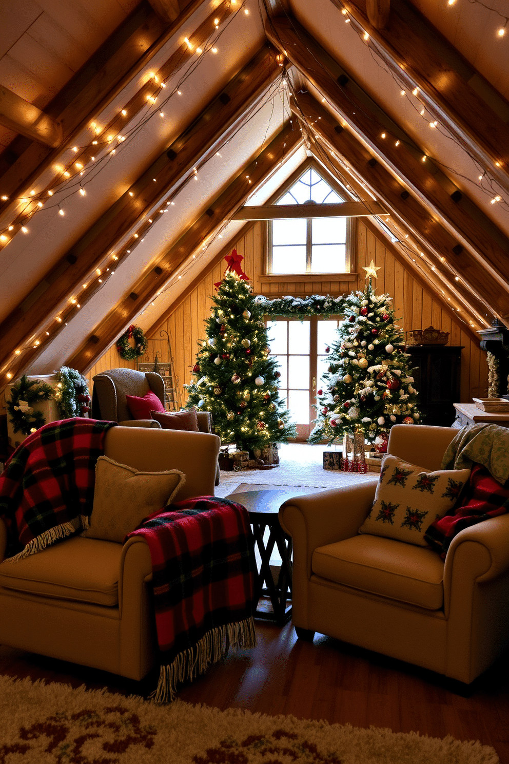 A cozy living room adorned with holiday-themed throw blankets draped over plush armchairs. The blankets feature festive patterns in rich reds and greens, inviting warmth and cheer to the space. An enchanting attic transformed into a winter wonderland, with twinkling fairy lights strung across the exposed beams. A beautifully decorated Christmas tree stands in one corner, surrounded by rustic ornaments and soft, fluffy snow.