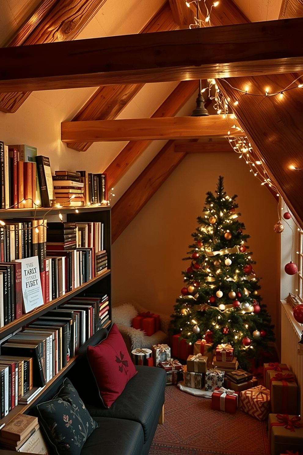 A cozy reading nook adorned with seasonal books displayed on rustic wooden shelves. The shelves are filled with a mix of classic literature and festive-themed books, complemented by warm string lights that create an inviting ambiance. An enchanting attic space transformed for Christmas with twinkling fairy lights draped across exposed beams. The decor features a beautifully adorned tree in the corner, surrounded by carefully wrapped gifts and vintage ornaments, capturing the magic of the holiday season.