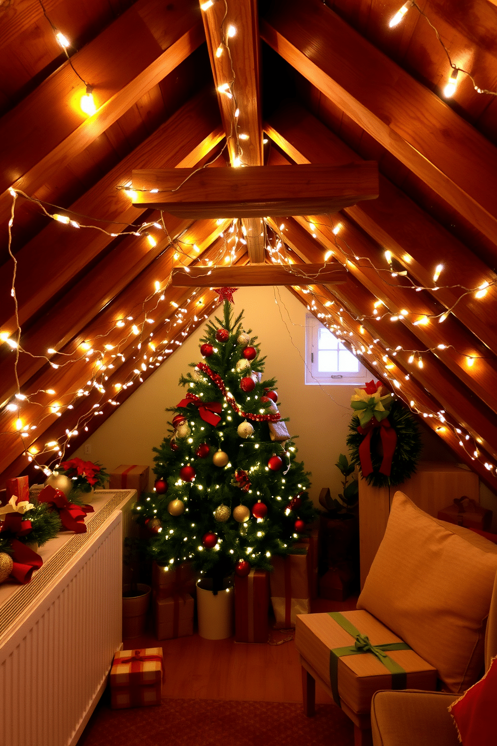 A cozy attic space adorned with twinkling fairy lights strung along the exposed wooden beams, casting a warm and inviting glow. Festive decorations in rich reds and greens complement the rustic charm, with a beautifully decorated Christmas tree nestled in one corner, surrounded by wrapped gifts.