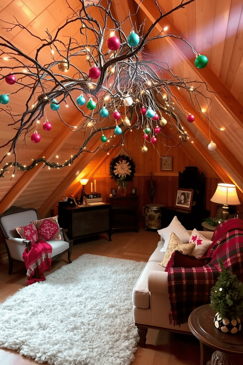 A cozy attic space transformed into a festive holiday retreat. Twisted branches adorned with colorful ornaments cascade from the sloped ceiling, creating a whimsical atmosphere. Soft, warm lighting illuminates the room, highlighting the rustic wooden beams and vintage furniture. A plush area rug anchors the seating area, where festive pillows and throws invite relaxation and celebration.