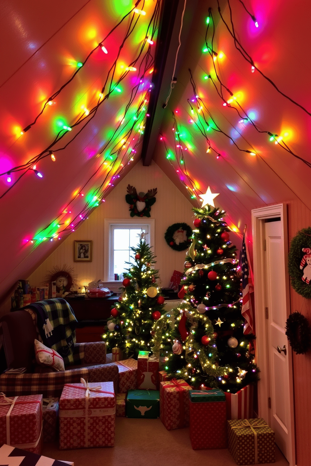 A cozy attic space filled with holiday cheer, featuring colorful string lights draped elegantly across the ceiling, casting a warm glow throughout the room. The walls are adorned with festive decorations, and a beautifully decorated Christmas tree stands in one corner, surrounded by wrapped gifts.