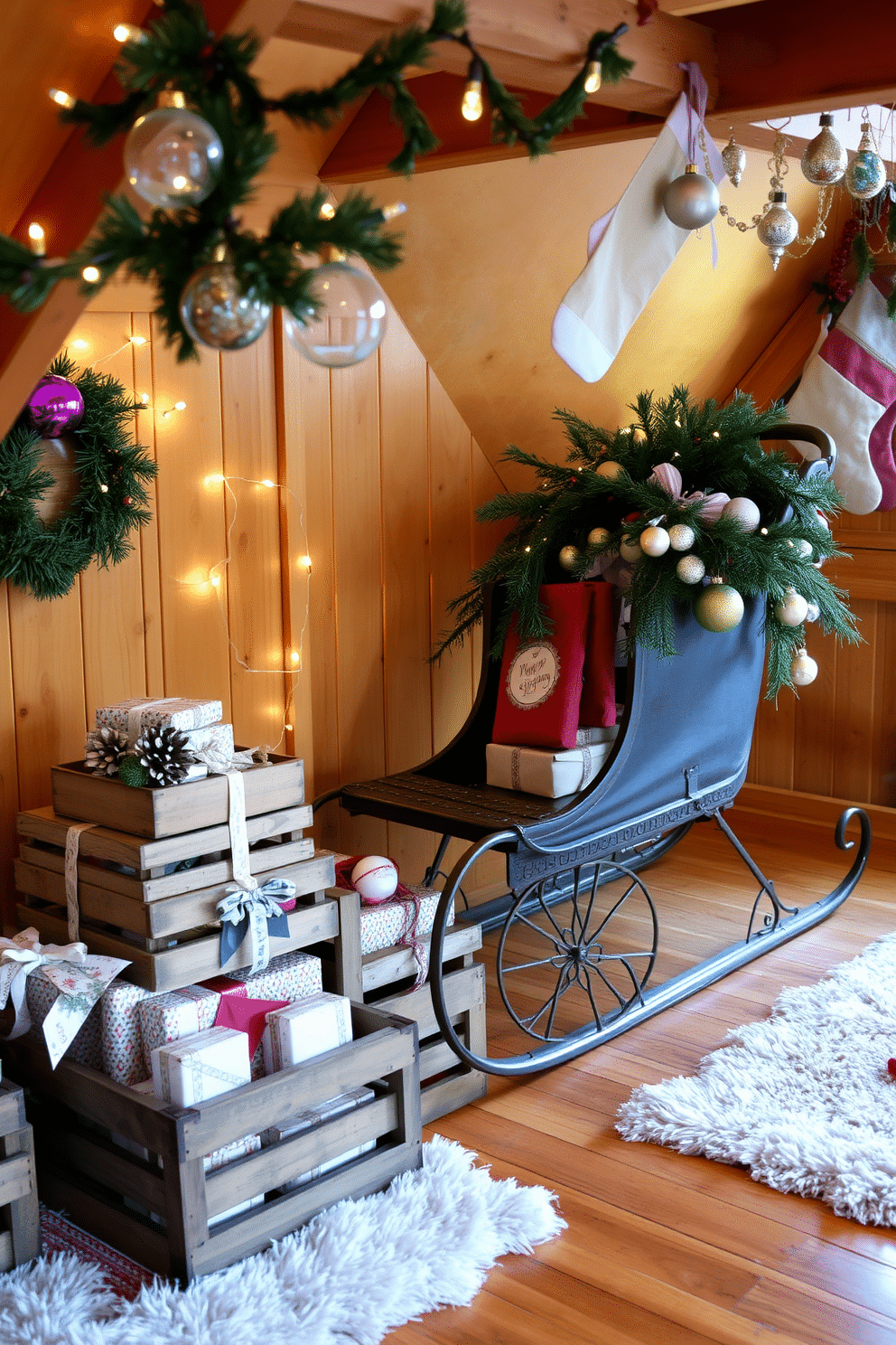 A vintage sleigh is positioned in the corner of a cozy attic, adorned with fresh pine branches and twinkling fairy lights. Surrounding the sleigh, rustic wooden crates are stacked, filled with wrapped presents and seasonal ornaments, creating a charming holiday atmosphere. The walls of the attic are lined with warm, wooden paneling, and soft, plush rugs cover the floor to add comfort. Vintage holiday decorations, such as glass baubles and handmade stockings, hang from exposed beams, enhancing the nostalgic feel of the space.