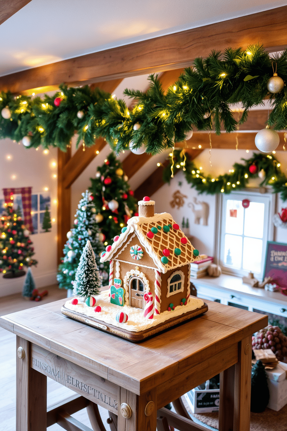 A charming gingerbread house display sits atop a rustic wooden table, adorned with colorful icing and candy decorations. The backdrop features twinkling fairy lights and a cozy winter scene, creating a festive atmosphere. The attic is transformed into a whimsical Christmas wonderland, with garlands of pine and twinkling lights draped across exposed beams. Vintage ornaments and handmade decorations fill the space, inviting warmth and nostalgia into the holiday season.