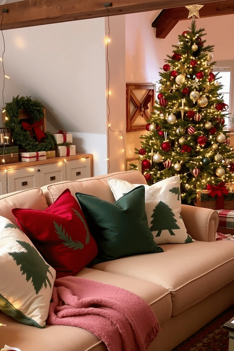 Holiday-themed pillows on seating areas. Plush pillows in rich reds and greens are scattered across a cozy sectional sofa, complemented by soft throws and twinkling fairy lights draped around the room. Attic Christmas Decorating Ideas. The attic is transformed into a festive retreat with a beautifully decorated tree adorned with vintage ornaments, surrounded by rustic wooden crates filled with wrapped gifts and garlands of pine.