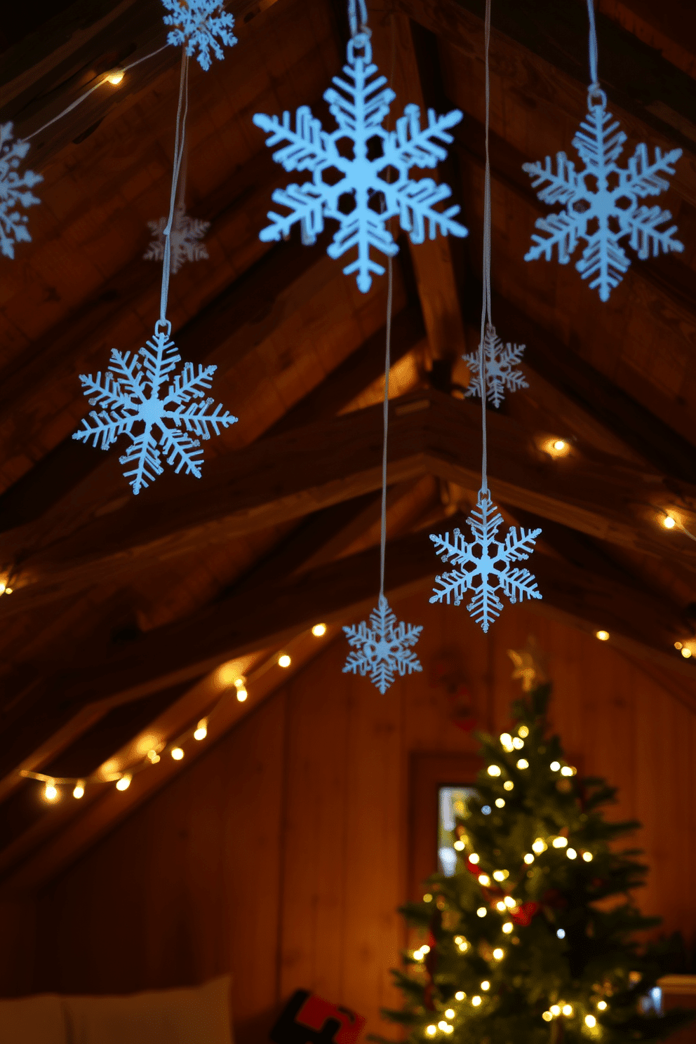 A cozy attic adorned for Christmas, featuring hanging snowflakes gracefully suspended from the ceiling. Soft, warm fairy lights illuminate the space, casting a gentle glow on the rustic wooden beams and decorated pine tree in the corner.