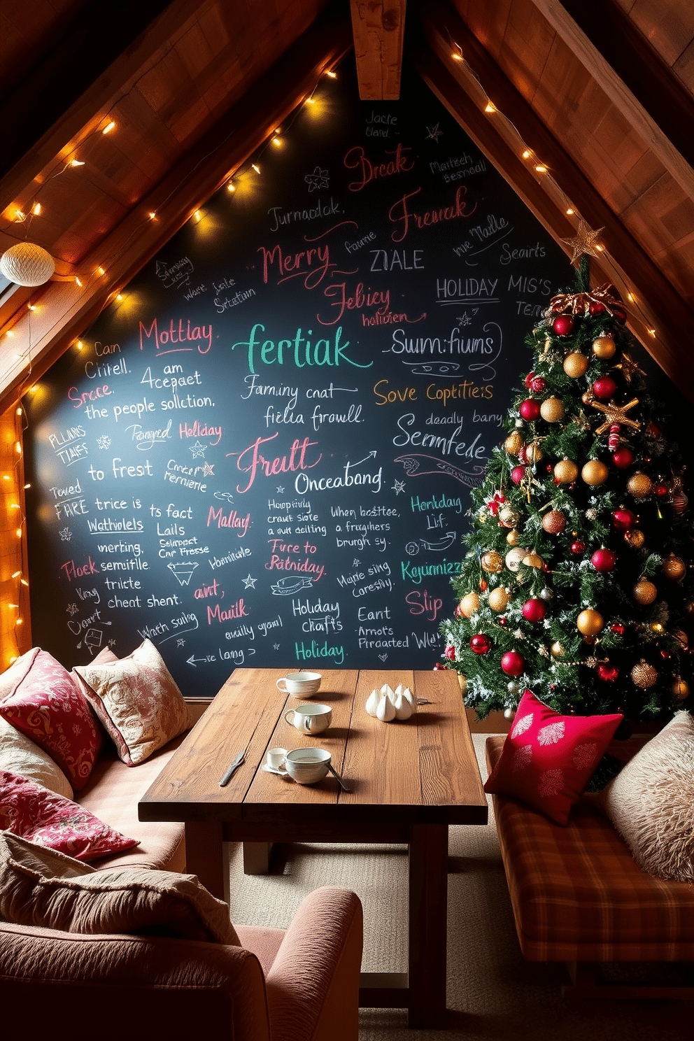 A cozy attic space features a large chalkboard wall adorned with colorful festive messages and drawings. Surrounding the wall, twinkling fairy lights create a warm atmosphere, while a rustic wooden table is set up for holiday crafts. In one corner, a beautifully decorated Christmas tree stands tall, draped in shimmering gold and red ornaments. Plush seating with festive throw pillows invites family and friends to gather and enjoy the holiday spirit.