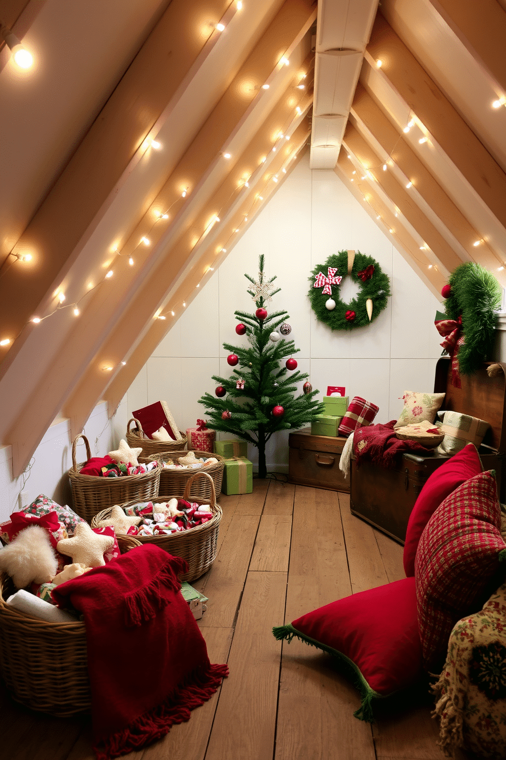 A cozy attic space transformed for the holidays, featuring decorative baskets filled with an assortment of festive goodies like homemade cookies, candies, and ornaments. Soft string lights drape along the exposed beams, casting a warm glow over the rustic wooden flooring and creating a cheerful atmosphere. In one corner, a small evergreen tree adorned with handmade ornaments stands beside a vintage trunk overflowing with wrapped gifts. Plush blankets and pillows in rich reds and greens invite relaxation, while a festive wreath hangs on the attic door, completing the charming holiday decor.