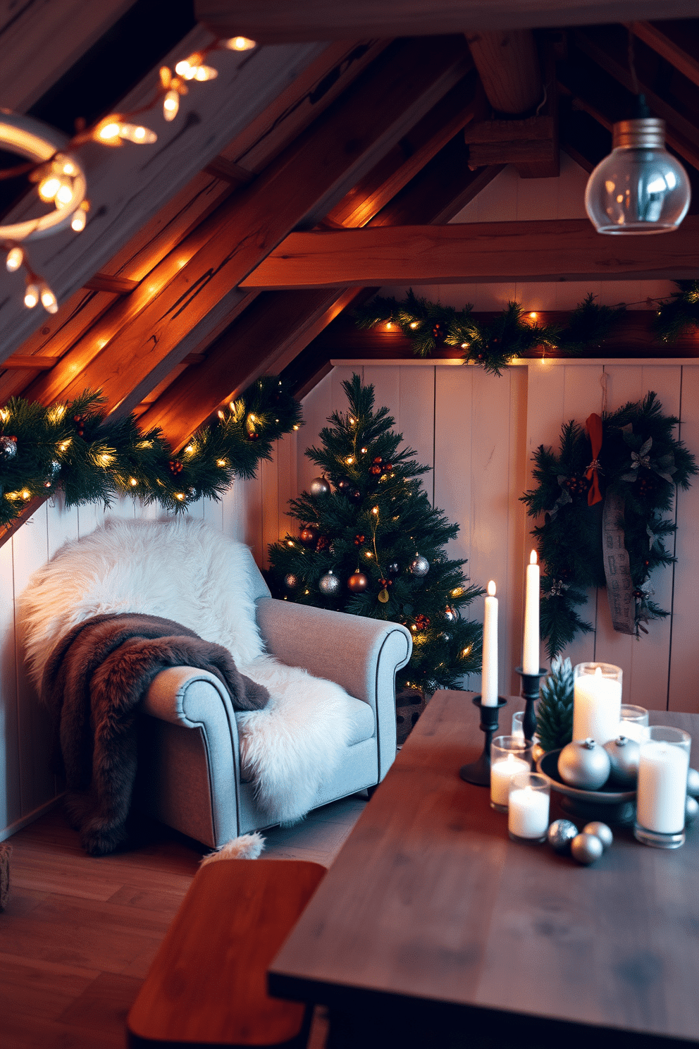 A cozy attic space adorned for Christmas features faux fur throws draped over a plush armchair, creating an inviting atmosphere. Twinkling fairy lights are strung along the exposed beams, complementing the warm glow of a small, decorated tree nestled in the corner. The walls are adorned with festive garlands made of pine and red berries, enhancing the holiday spirit. A rustic wooden table is set with seasonal decor, including candles and a bowl of ornaments, inviting family gatherings in this charming winter retreat.