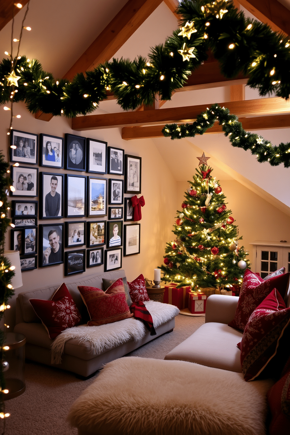 A holiday-themed photo gallery wall adorned with a mix of framed family photos and festive artwork. Twinkling string lights frame the gallery, creating a warm and inviting atmosphere. Cozy attic space transformed for Christmas with a beautifully decorated tree in one corner. Festive garlands drape along the exposed beams, and plush seating areas are arranged with holiday-themed cushions and throws.