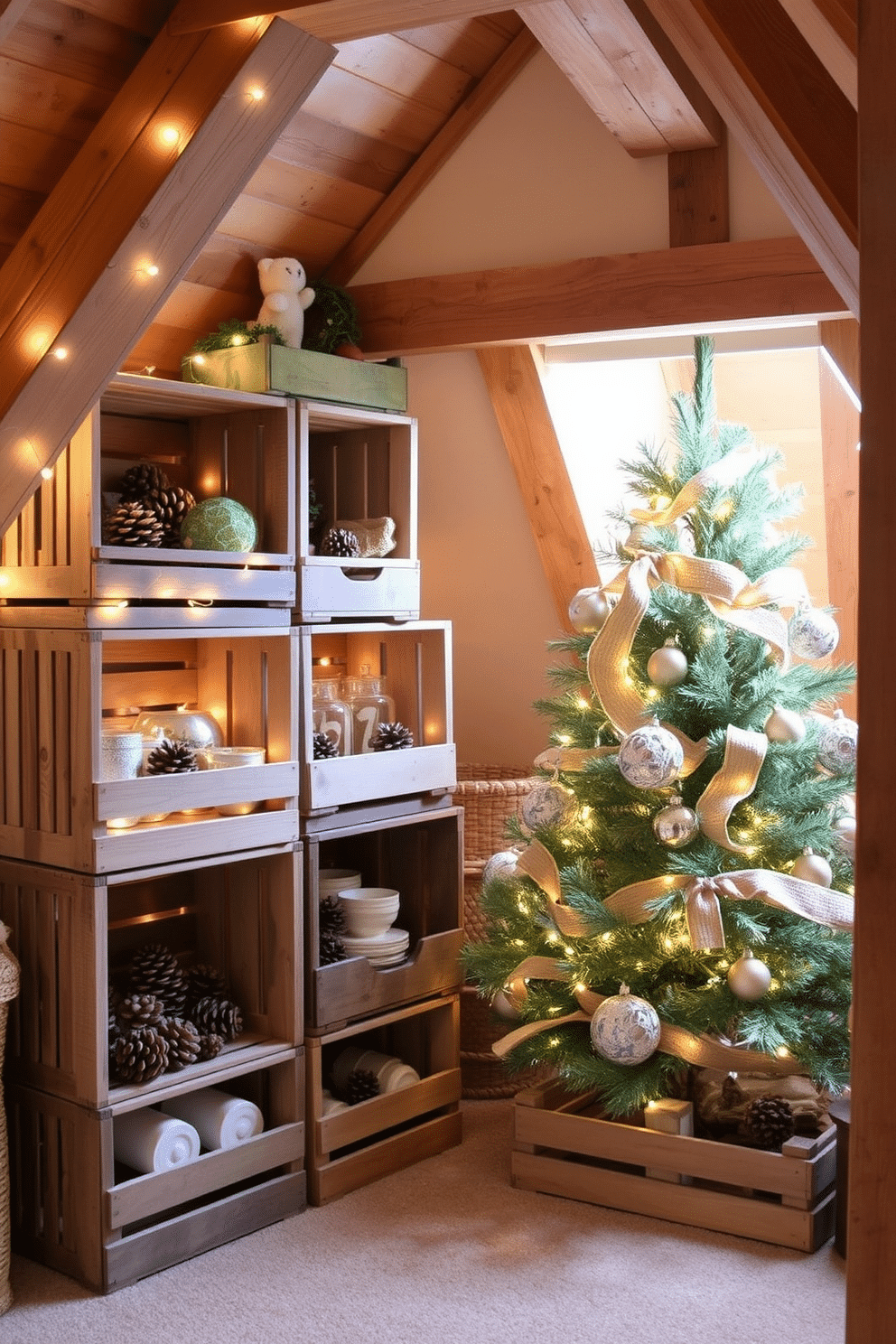 A cozy attic space adorned with rustic wooden crates used for decor storage. The crates are stacked creatively, filled with seasonal decorations, twinkling fairy lights, and pinecones, creating a warm and inviting atmosphere. For Christmas decorating ideas, the attic features a beautifully decorated tree nestled among the crates. Adorned with natural elements like burlap ribbons and wooden ornaments, the tree complements the rustic charm of the space, while soft, warm lighting enhances the festive ambiance.