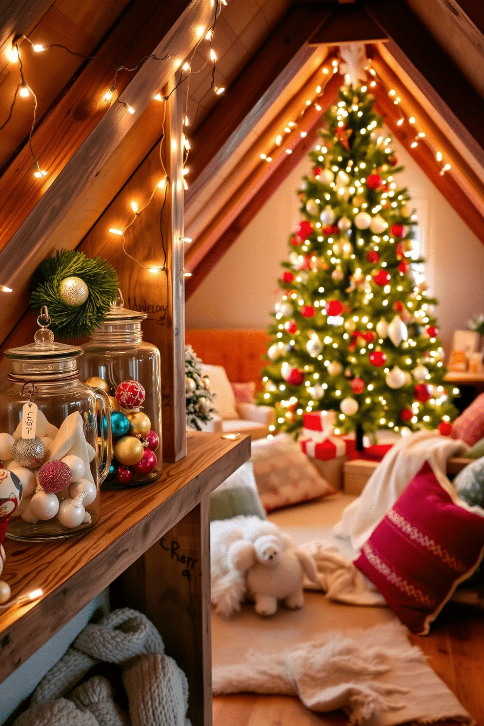 A collection of vintage ornaments displayed in elegant glass jars, each jar showcasing a unique design and color scheme. The jars are arranged on a rustic wooden shelf, surrounded by twinkling fairy lights that enhance the nostalgic ambiance. Cozy attic space transformed into a festive haven for Christmas, featuring a beautifully decorated tree adorned with handmade ornaments. Soft blankets and pillows are scattered around a warm seating area, creating an inviting atmosphere for holiday gatherings.