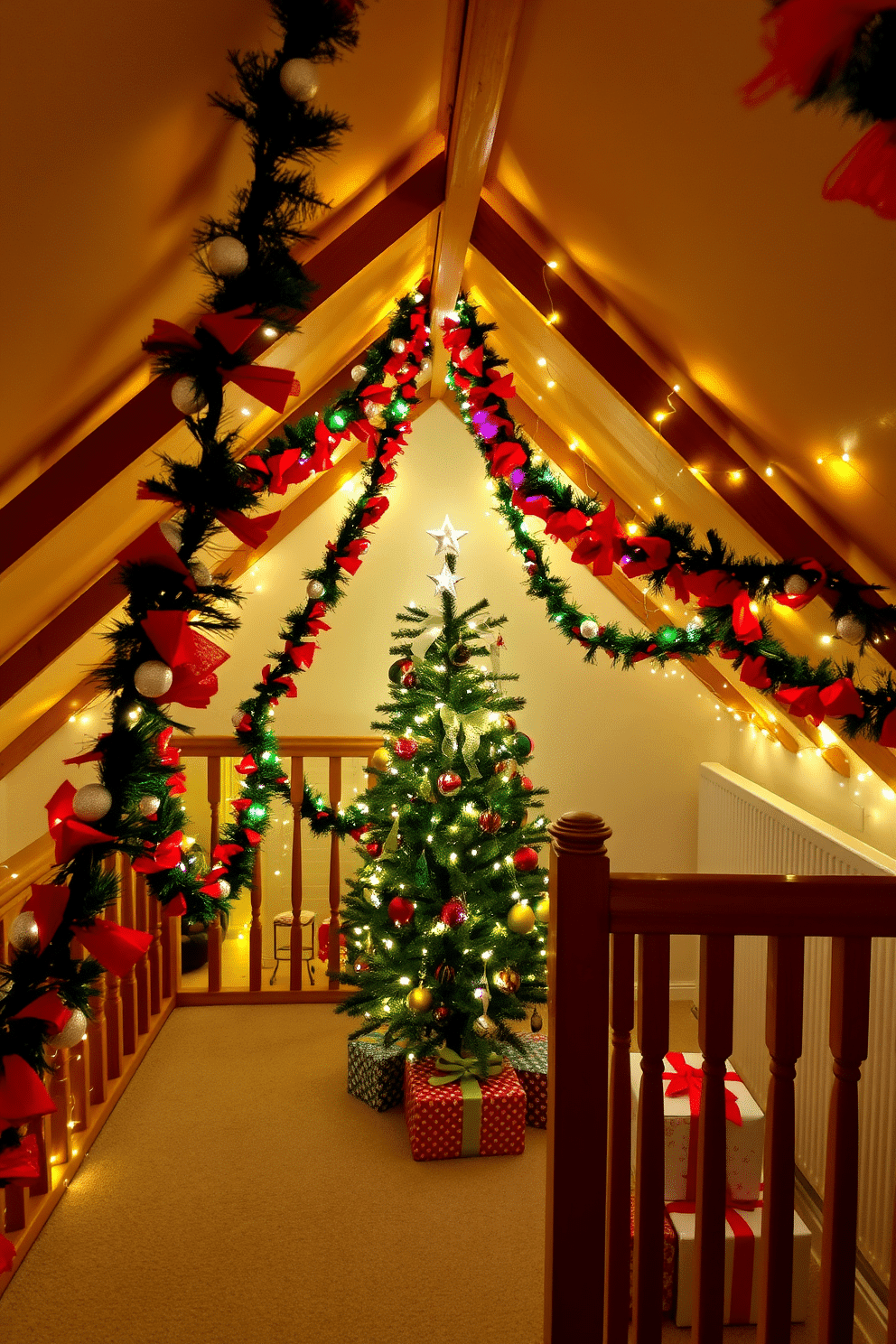 A cozy attic space transformed for Christmas, featuring colorful garlands draped elegantly over wooden railings. The walls are adorned with twinkling fairy lights, and a beautifully decorated tree stands in the corner, surrounded by wrapped presents.