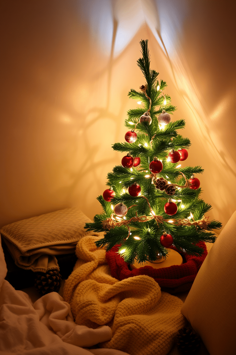 A charming miniature Christmas tree is nestled in the corner of a cozy attic space, adorned with twinkling fairy lights and colorful ornaments. Surrounding the tree, rustic decorations such as pinecones and garlands enhance the festive atmosphere, while soft blankets and pillows invite relaxation.