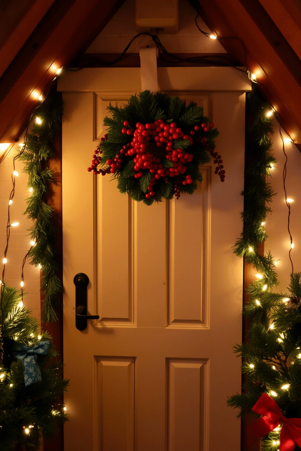 A charming attic door adorned with a seasonal wreath, featuring vibrant red berries and lush green foliage. The surrounding space is decorated with twinkling fairy lights, creating a warm and inviting atmosphere for the holiday season.