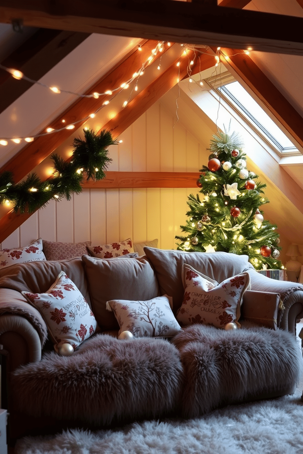 A cozy attic space adorned for Christmas, featuring soft pillows with festive patterns scattered across a plush, oversized sofa. Twinkling fairy lights drape from the exposed beams, while a beautifully decorated tree stands in the corner, surrounded by wrapped gifts.