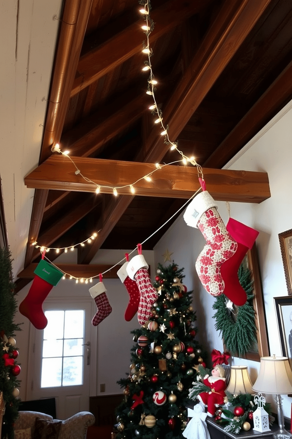 A cozy attic adorned for Christmas, featuring rustic wooden rafters from which colorful stockings are elegantly hung. Soft, warm lights twinkle above, casting a festive glow on the surrounding decor, which includes a beautifully decorated tree and vintage holiday ornaments.