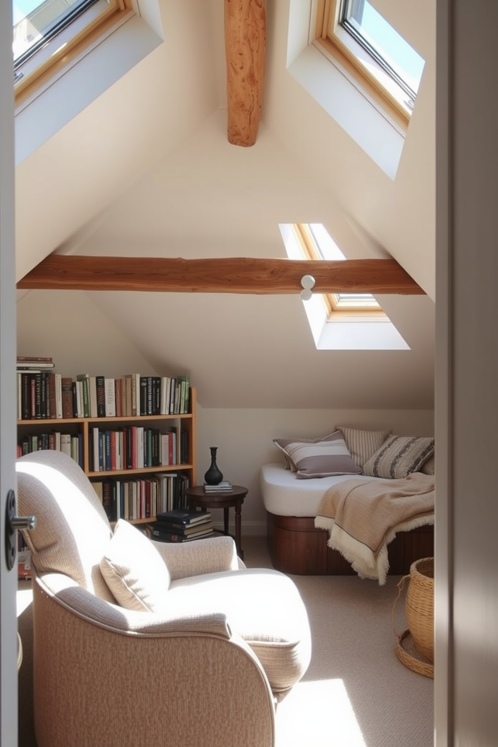 A cozy reading nook with skylights features a plush armchair upholstered in soft, textured fabric, positioned near a small side table. Sunlight streams through the skylights, illuminating a collection of books neatly arranged on a nearby shelf, creating an inviting atmosphere for relaxation. The attic conversion design incorporates sloped ceilings with exposed wooden beams, enhancing the rustic charm of the space. A comfortable daybed is nestled against the wall, adorned with layered cushions and a soft throw, while a small desk area is thoughtfully placed to maximize functionality and comfort.