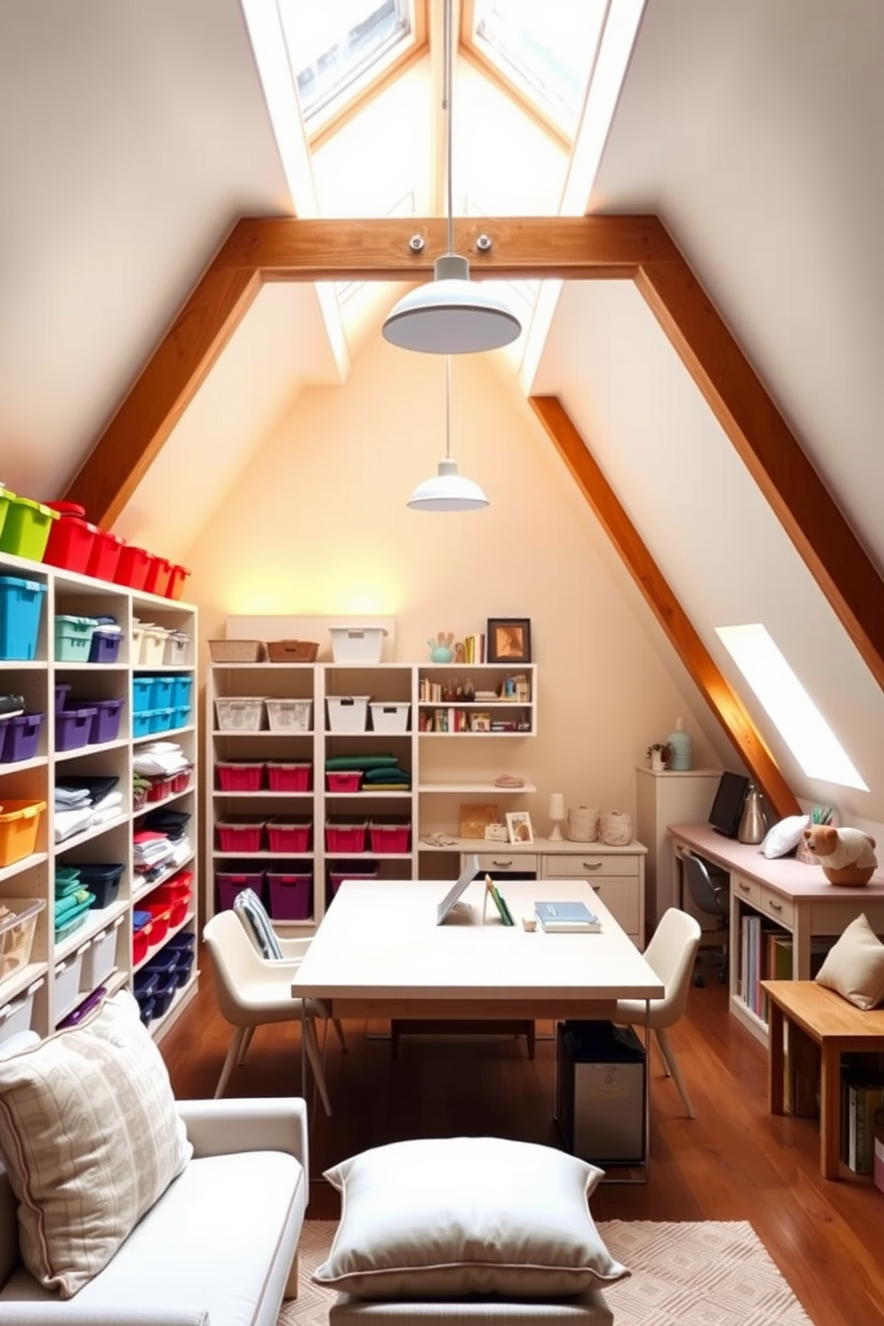 A bright and inviting craft room features organized storage systems, including open shelving filled with colorful bins and neatly arranged supplies. A large worktable sits in the center, surrounded by comfortable seating and ample natural light streaming in through a skylight. The attic conversion showcases a cozy and functional living space with sloped ceilings and exposed wooden beams. Soft, warm lighting illuminates the area, highlighting a reading nook with plush cushions and a small desk tucked under the eaves.