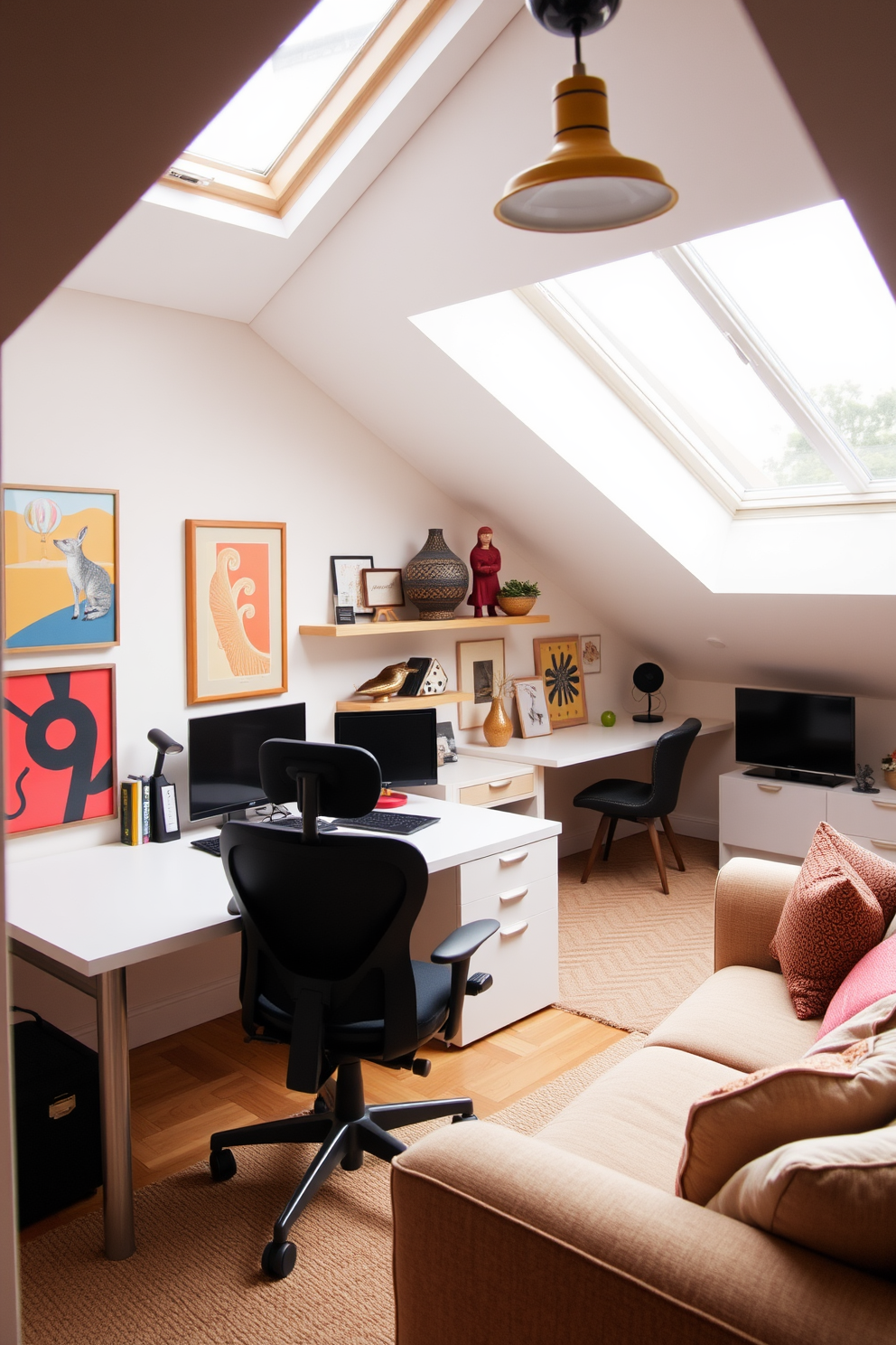 A stylish home office with creative decor features a sleek, modern desk positioned against a large window, allowing natural light to flood the space. The walls are adorned with vibrant artwork and shelves filled with unique decorative items, while a comfortable ergonomic chair complements the contemporary aesthetic. For the attic conversion design ideas, envision a cozy yet functional space with sloped ceilings and skylights that bring in ample light. The room is furnished with a plush sofa, a small workspace tucked into a corner, and warm, inviting colors that create an atmosphere perfect for relaxation or productivity.