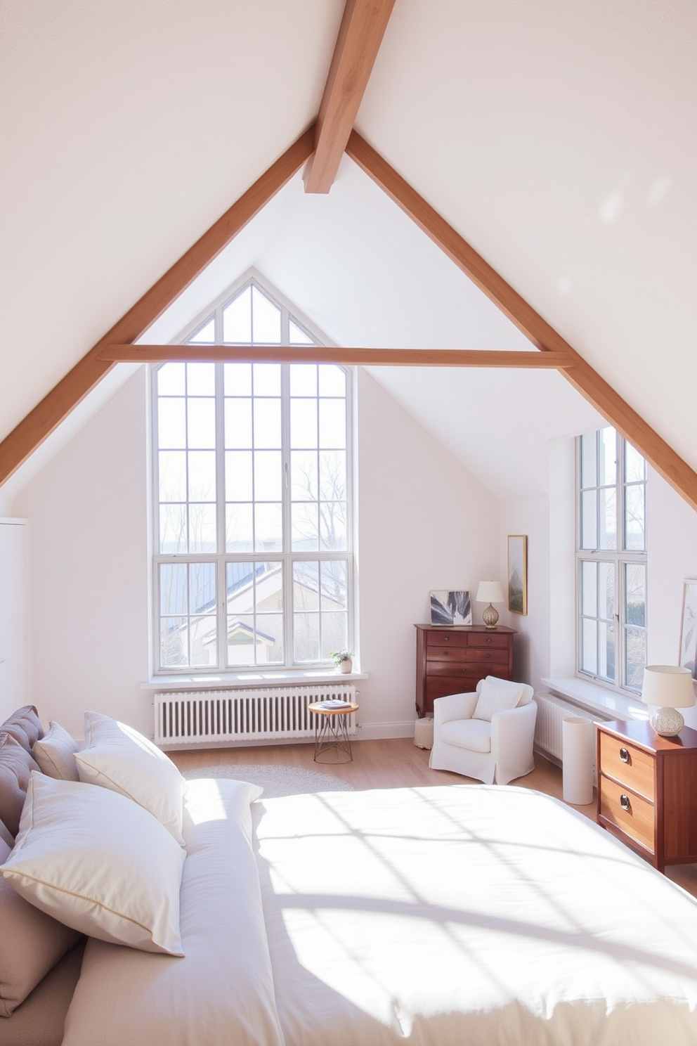 A bright and airy loft bedroom design features large windows that flood the space with natural light, creating an open and inviting atmosphere. The room is adorned with light-colored walls, a plush white bed with soft linens, and minimalist furniture that enhances the feeling of spaciousness. For attic conversion design ideas, consider incorporating sloped ceilings with exposed beams to add character and warmth. Use a combination of cozy nooks, built-in storage solutions, and strategic lighting to transform the space into a functional and stylish retreat.