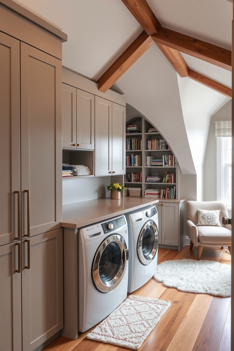 Functional laundry room with hidden storage. The room features sleek cabinetry that blends seamlessly with the walls, providing ample space for laundry essentials. A countertop for folding clothes sits above a washer and dryer, while pull-out shelves reveal hidden compartments for detergents and cleaning supplies. Attic conversion design ideas. The space is transformed into a cozy reading nook with sloped ceilings, featuring built-in bookshelves and a comfortable armchair by a window. Soft, ambient lighting highlights the wooden beams, and a plush area rug adds warmth to the hardwood floor.