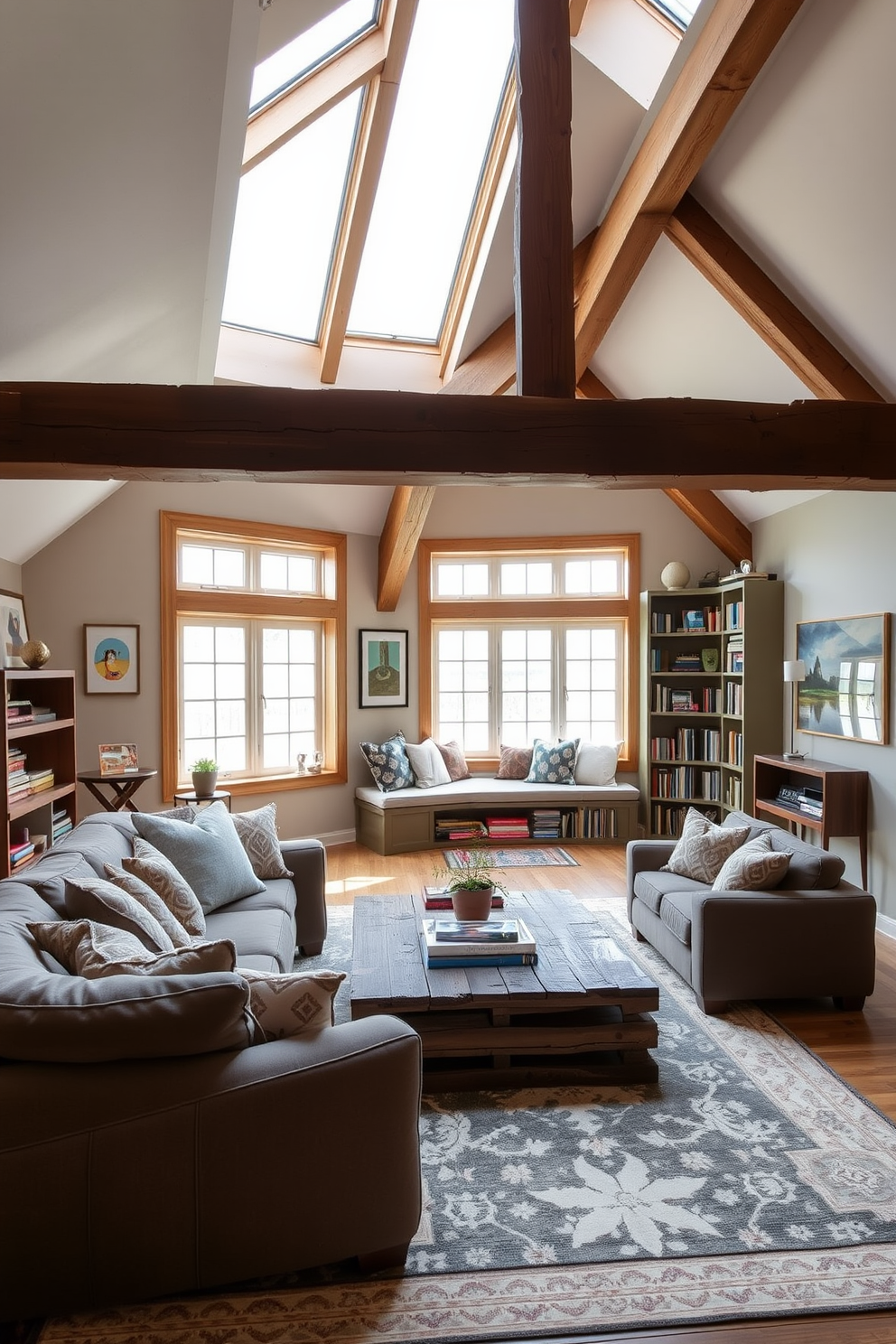 A cozy family game room features plush sectional seating in a warm gray fabric, arranged around a large coffee table made of reclaimed wood. The walls are adorned with playful artwork and shelves filled with board games, while a soft area rug adds comfort underfoot. The attic conversion boasts a stylish blend of rustic and modern elements, with exposed wooden beams and large skylights that flood the space with natural light. A comfortable reading nook is created with a built-in bench, surrounded by bookshelves, and the decor includes soft textiles in neutral tones to enhance the inviting atmosphere.