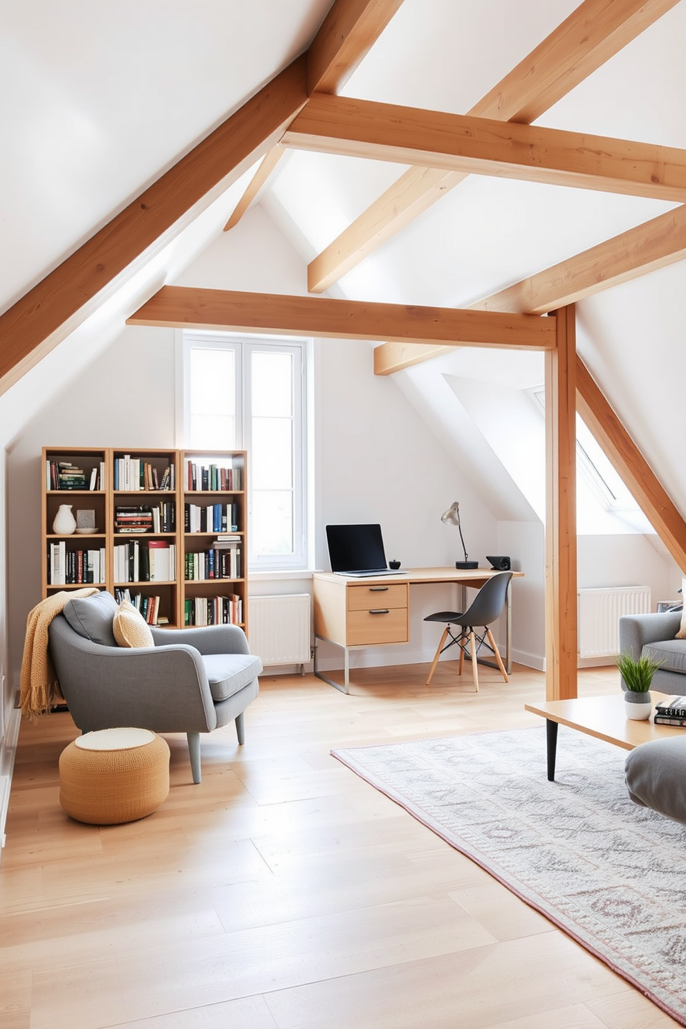 A cozy Scandinavian-inspired reading corner features a plush armchair in soft gray fabric, positioned beside a large window that lets in ample natural light. A minimalist wooden bookshelf filled with an array of books stands against the wall, complemented by a warm, woven throw draped over the armchair. The attic conversion design showcases a bright, open space with exposed wooden beams and a light-colored wood floor. A small home office nook is created with a sleek desk and a comfortable chair, while a relaxing seating area includes a low coffee table and a soft area rug to enhance the inviting atmosphere.