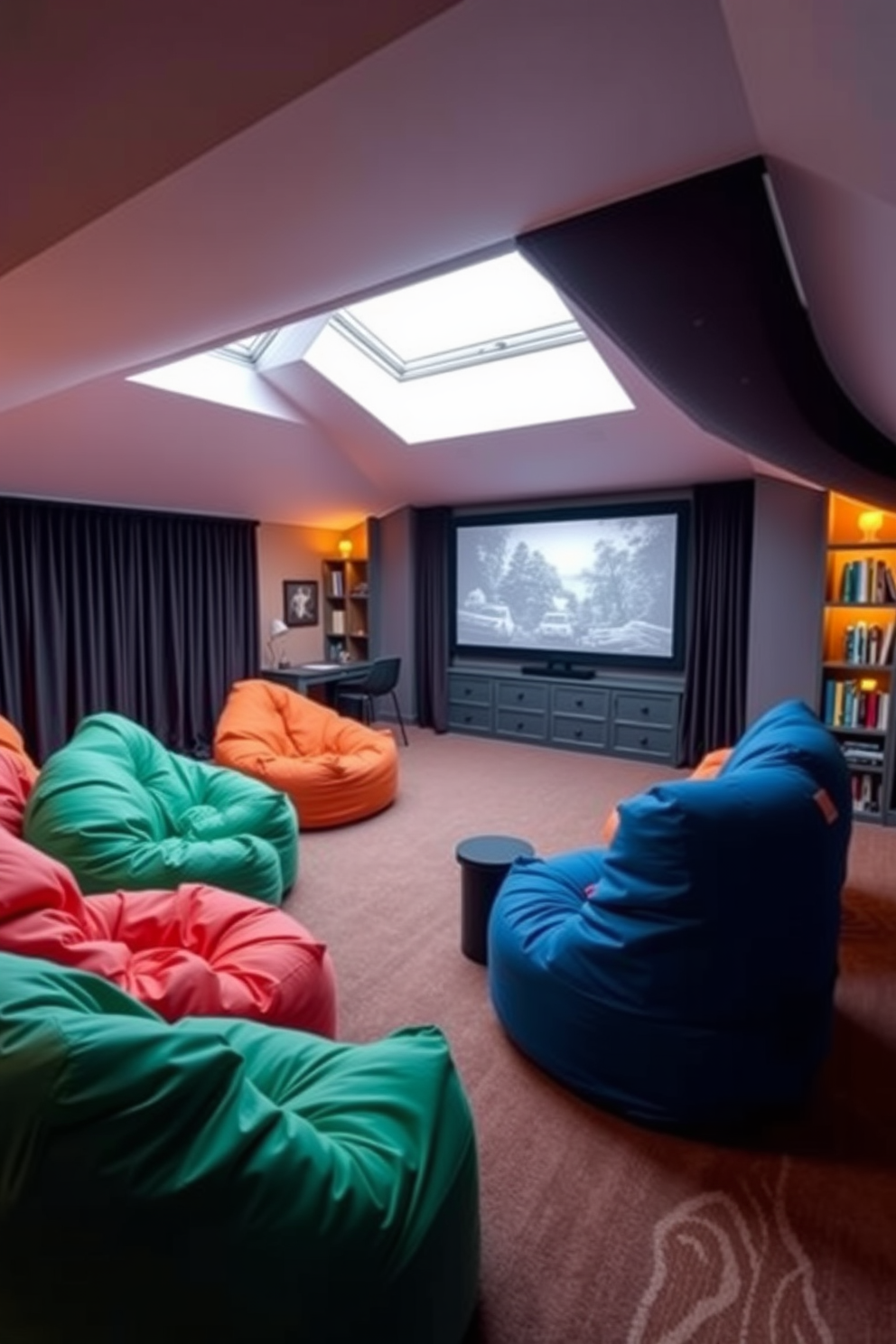 A cozy movie room featuring oversized bean bags in vibrant colors arranged in a semi-circle around a large projection screen. Soft, ambient lighting creates a warm atmosphere, while dark curtains block out any outside light for an immersive viewing experience. An attic conversion designed to maximize space and light, featuring sloped ceilings with skylights that bring in natural illumination. The room is furnished with a comfortable reading nook, a small desk, and built-in shelves filled with books, creating a tranquil retreat.