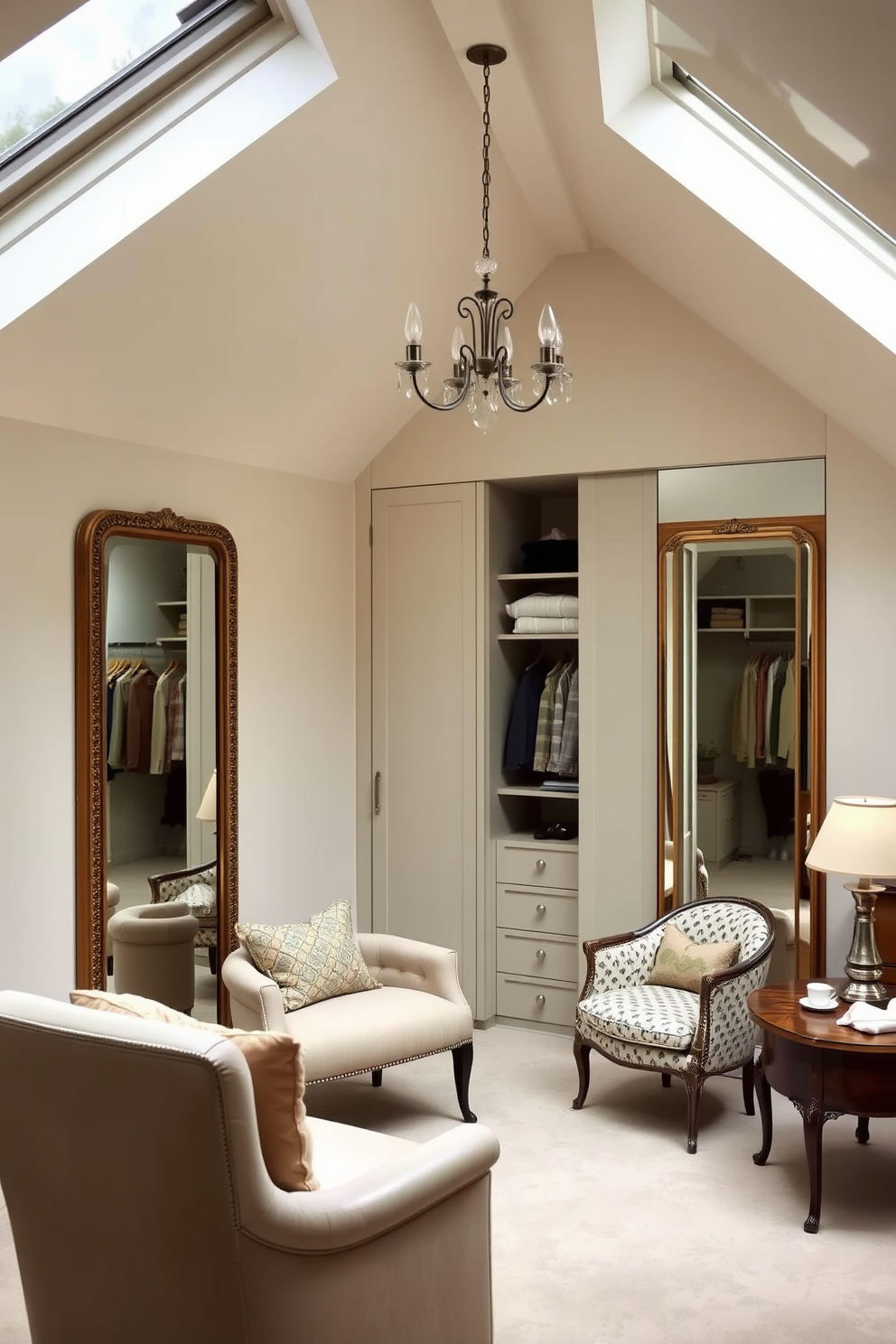 Elegant dressing room with full-length mirrors. The space features soft, ambient lighting that highlights a plush seating area and a beautifully organized wardrobe. Attic conversion design ideas. The design incorporates sloped ceilings with skylights, creating a cozy reading nook adorned with vintage furniture and soft textiles.