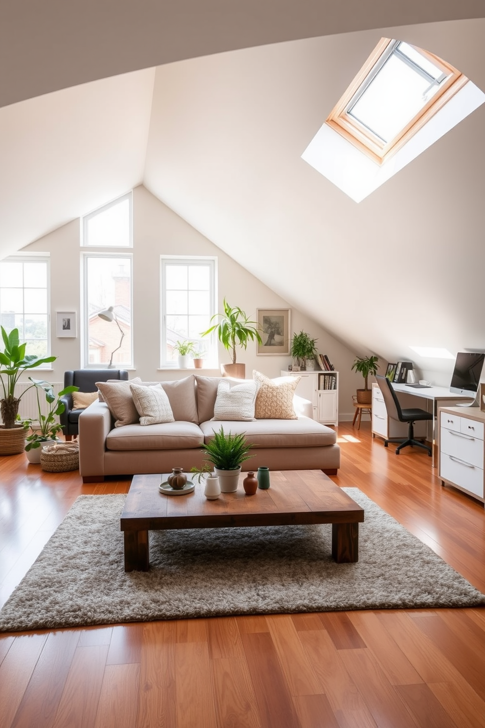 Open-plan living area with cozy accents. The space features a plush sectional sofa adorned with textured throw pillows, paired with a rustic coffee table made from reclaimed wood. Large windows allow natural light to flood the room, highlighting the warm tones of the wooden flooring. A soft area rug anchors the seating area, while a collection of potted plants adds a touch of greenery and vibrancy. Attic Conversion Design Ideas. The room is designed with sloped ceilings and skylights, creating an airy atmosphere that feels both spacious and intimate. A comfortable reading nook is nestled in one corner, furnished with a stylish armchair and a small bookshelf, while the opposite side showcases a sleek desk area perfect for home office use.