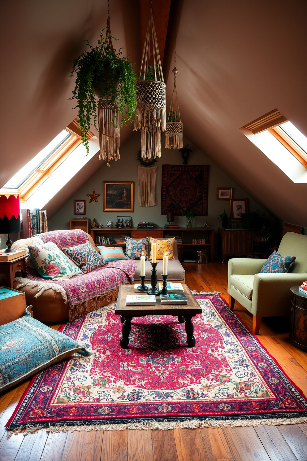 A cozy bohemian attic lounge filled with vibrant textiles. The space features a plush, oversized sofa adorned with colorful throw pillows and a large, patterned area rug that adds warmth to the wooden floor. Natural light pours in through a skylight, illuminating the eclectic decor that includes hanging macramé planters and a mix of vintage and modern furniture. A small coffee table, topped with books and candles, sits in the center, inviting relaxation and creativity.