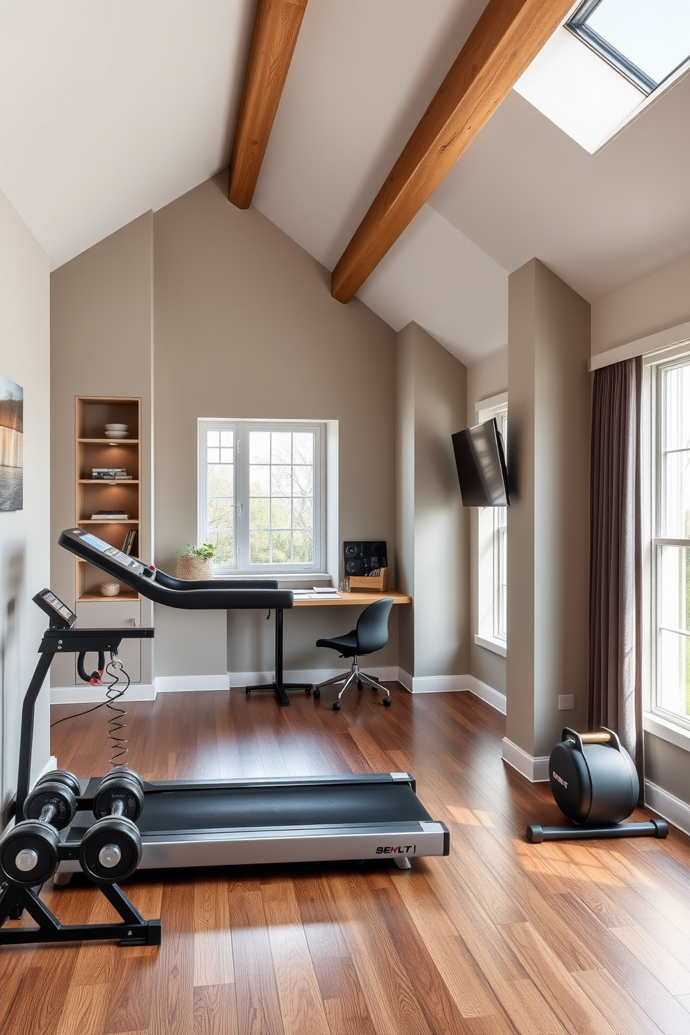 A chic home gym featuring state-of-the-art fitness equipment. The space includes a sleek treadmill and a set of weights, with large windows allowing natural light to flood in, illuminating the polished wooden floors. Attic conversion design ideas that maximize space and light. The design incorporates cozy nooks with built-in shelves, a modern workspace, and a comfortable seating area, all under a sloped ceiling with exposed wooden beams.