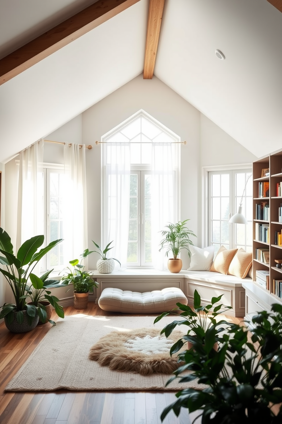 A serene meditation space featuring soft, calming colors. The walls are painted in a light pastel hue, complemented by natural wood accents and a plush, neutral-toned rug. In the center, a low, comfortable seating area is surrounded by lush indoor plants. Large windows allow natural light to flood the space, enhancing the tranquil atmosphere with sheer curtains gently swaying in the breeze. For the attic conversion, envision a cozy reading nook with sloped ceilings and exposed beams. The design includes built-in bookshelves and a large, inviting window seat adorned with cushions for ultimate comfort.