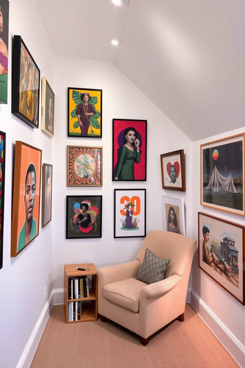 Eclectic art gallery with display walls. The space features a mix of vibrant artwork, with bold colors and varying styles showcased on white walls. Attic conversion design ideas. The room is transformed into a cozy reading nook with sloped ceilings, featuring a plush armchair, a small bookshelf, and soft ambient lighting.