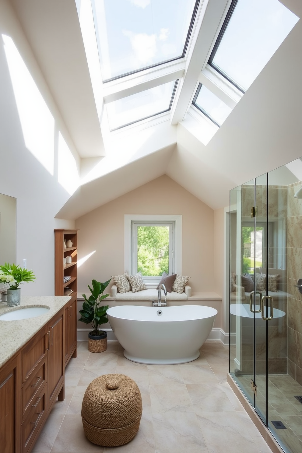 A spa-like bathroom with skylight features. The space includes a freestanding soaking tub positioned under the skylight, allowing natural light to flood the room. Soft, neutral tones dominate the walls and cabinetry, creating a calming atmosphere. A large, walk-in shower with glass doors features natural stone tiles, and lush greenery is placed strategically for a touch of nature. Attic conversion design ideas that maximize space and light. The design incorporates sloped ceilings with skylights, creating an airy and open feel in the room. A cozy reading nook is nestled by a window, complete with built-in shelving and plush seating. The color palette features warm woods and soft textiles, enhancing the inviting ambiance of the space.