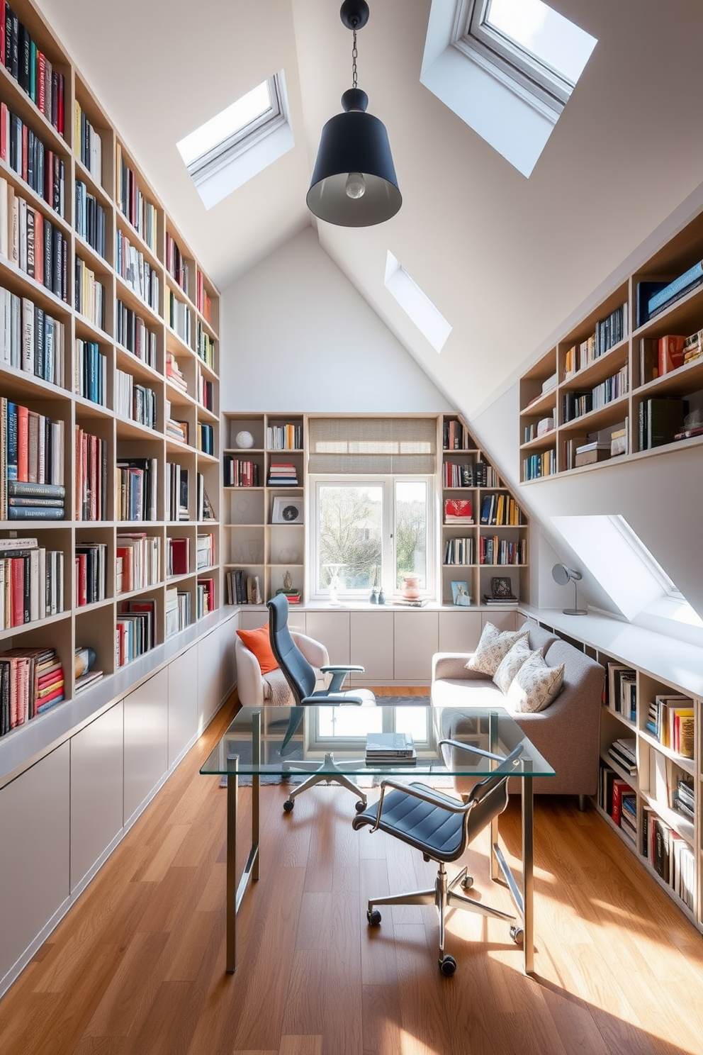 A contemporary study featuring sleek bookshelves that stretch from floor to ceiling, filled with an array of colorful books and decorative objects. A modern desk made of glass and metal sits in the center, accompanied by a stylish ergonomic chair, with natural light streaming in from a large window. An attic conversion designed for optimal space utilization, showcasing a cozy reading nook with plush seating and built-in shelving. The design incorporates sloped ceilings with skylights, painted in soft white tones, and a warm wooden floor that adds a touch of rustic charm.