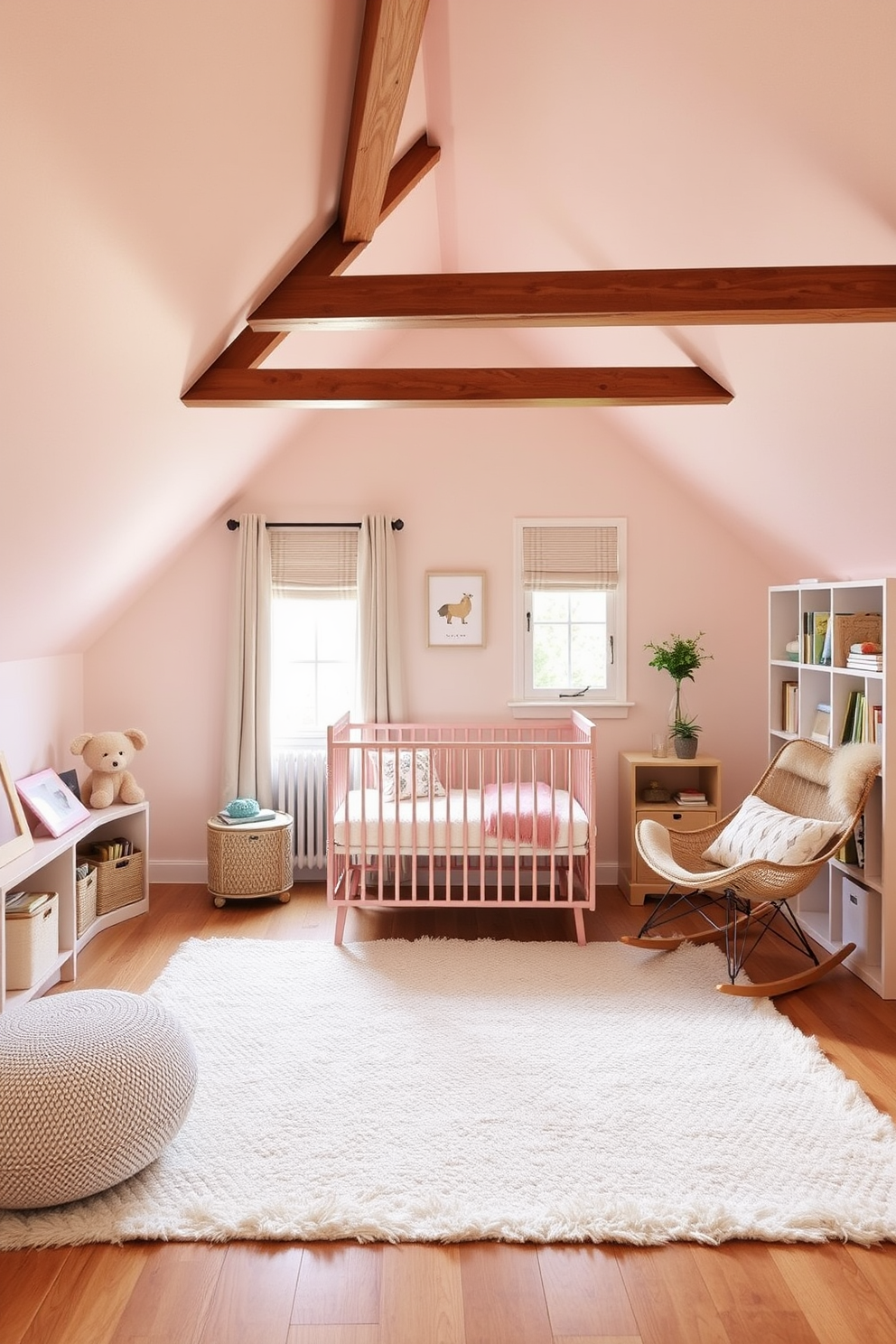 Inviting nursery with soft color palette. The walls are painted in a gentle pastel hue, creating a serene atmosphere. A cozy crib adorned with plush bedding sits in the center, surrounded by a soft area rug. Shelves filled with children's books and toys line one wall, while a comfortable rocking chair provides a perfect spot for reading. Attic Conversion Design Ideas. The space features exposed wooden beams that add character and warmth. A cozy seating area with a small sofa and a coffee table is placed near a window, allowing natural light to flood the room. Stylish storage solutions blend seamlessly into the design, maximizing the use of space while maintaining a chic aesthetic.