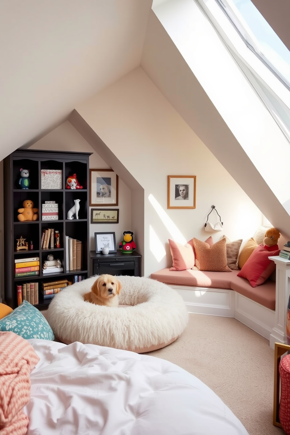 A pet-friendly nook with cozy bedding features a plush, oversized dog bed nestled in a corner, surrounded by soft, colorful throw pillows. The walls are adorned with pet-themed artwork, and a small bookshelf holds toys and treats, creating a warm and inviting space for both pets and their owners. Attic conversion design ideas showcase a bright and airy space with sloped ceilings, featuring large skylights that flood the room with natural light. A cozy reading nook with a built-in bench and soft cushions is complemented by a small workspace and stylish storage solutions, making it both functional and aesthetically pleasing.