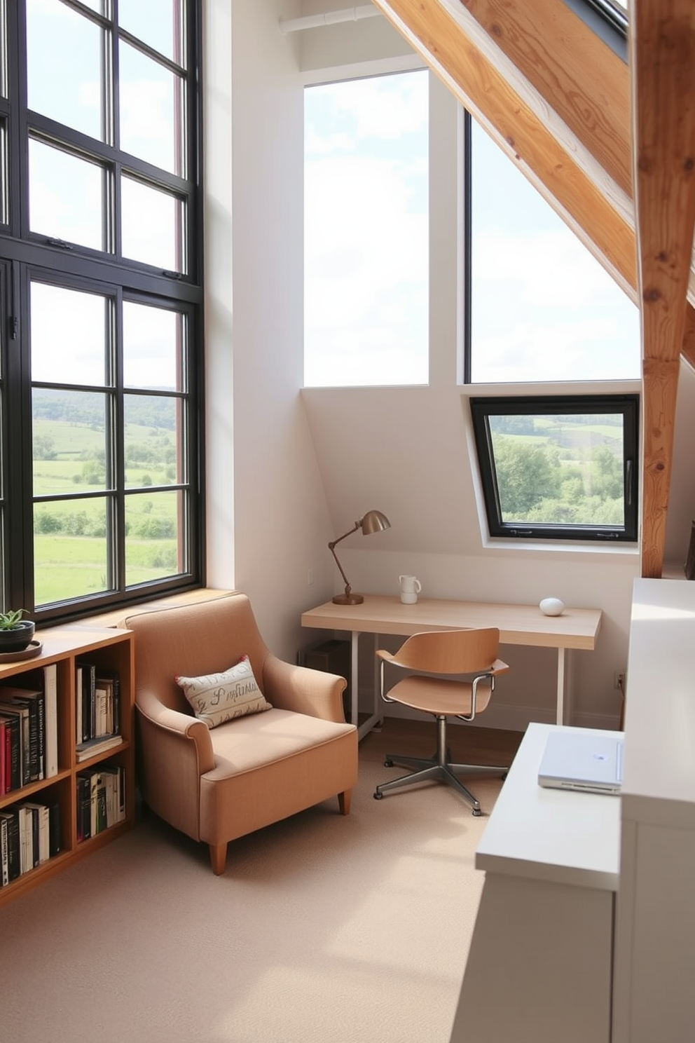 A creative writing space with inspiring views features large windows that overlook a serene landscape, allowing natural light to flood the room. The interior is adorned with a cozy reading nook, complete with a plush armchair and a small bookshelf filled with literary classics. For the attic conversion design, the space is transformed into a stylish studio with exposed wooden beams and skylights that enhance the airy feel. A minimalist desk sits against the sloped wall, accompanied by a comfortable chair, while soft, neutral colors create a calming atmosphere.