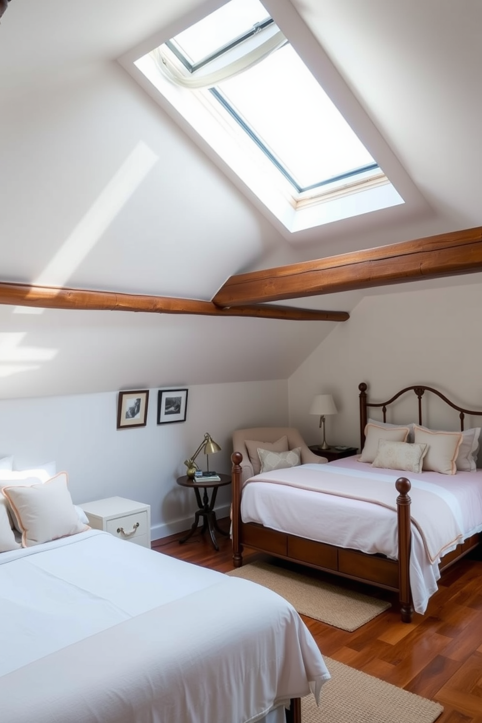 A charming guest bedroom with sloped ceilings features a cozy queen-sized bed dressed in soft, pastel linens. The walls are painted in a light, airy color, and a large skylight allows natural light to flood the space, highlighting the rustic wooden beams. In one corner, a comfortable reading nook is created with a plush armchair and a small side table, perfect for enjoying a book. Decorative touches include framed artwork and a woven rug that adds warmth to the wooden floor.