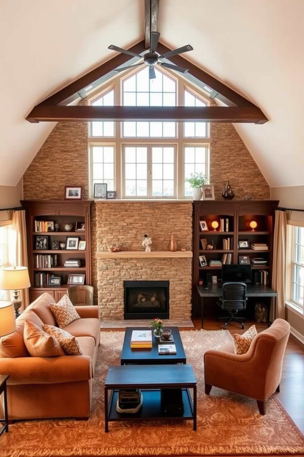 Warm family room with fireplace feature. The room features a cozy fireplace with a rustic stone surround, flanked by built-in bookshelves filled with family photos and decor. Soft, plush seating in earthy tones invites relaxation, while a large area rug adds warmth underfoot. Large windows allow natural light to flood the space, complemented by sheer curtains that gently diffuse the sunlight. Attic Conversion Design Ideas. The converted attic showcases a spacious layout with exposed beams that add character and charm. A comfortable reading nook is nestled by a dormer window, while a stylish workspace is created with a sleek desk and ample storage solutions. Warm lighting fixtures create a cozy ambiance, making the space perfect for both productivity and leisure.