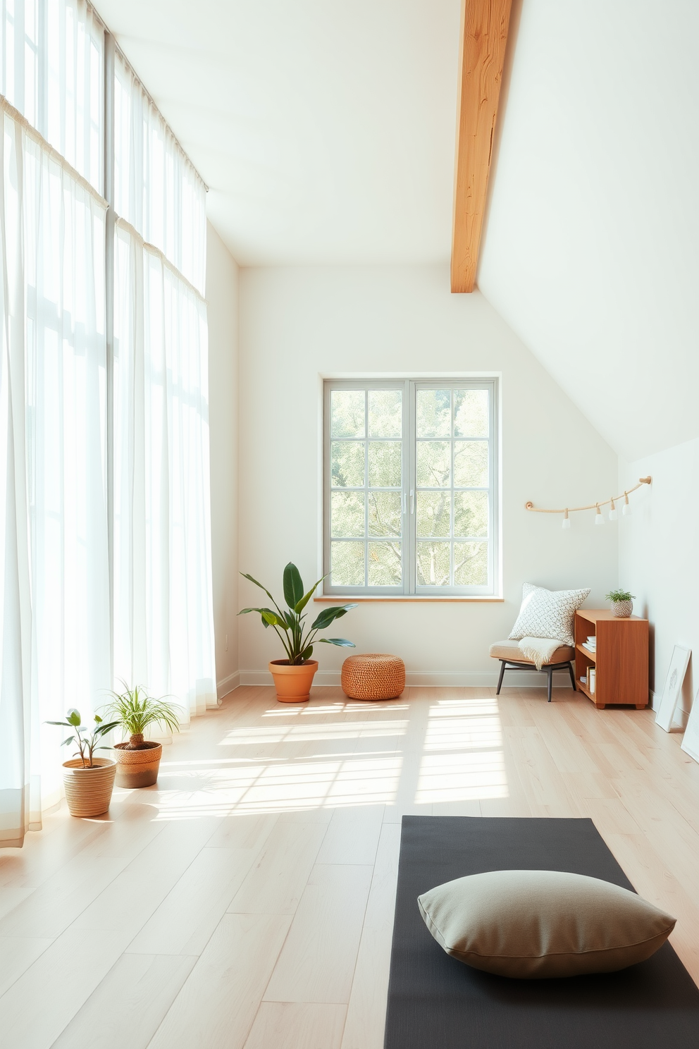 A serene minimalist yoga studio bathed in natural light. The space features light wood flooring, large windows with sheer curtains, and a few potted plants for a calming atmosphere. An inviting attic conversion designed as a cozy retreat. The area showcases exposed wooden beams, soft lighting, and a reading nook with plush cushions and a small bookshelf.