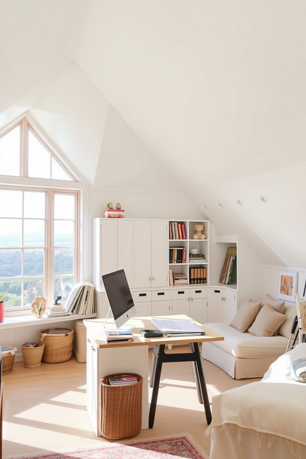 A bright art studio filled with natural light, featuring large windows that overlook a scenic view. The space includes ample storage solutions, such as built-in shelves and cabinets, to keep art supplies organized and accessible. An inviting attic conversion designed for relaxation and creativity, with sloped ceilings that add character. The room is furnished with a cozy reading nook, a small desk, and soft lighting, creating a perfect retreat for inspiration.