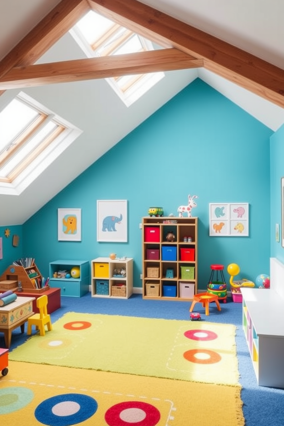 A vibrant children's playroom filled with colorful decor. The walls are painted in bright primary colors, and whimsical artwork adorns the space, featuring playful animals and shapes. Cozy attic conversion design ideas that maximize space and light. Exposed wooden beams frame the room, and large skylights provide ample natural light, creating a warm and inviting atmosphere.