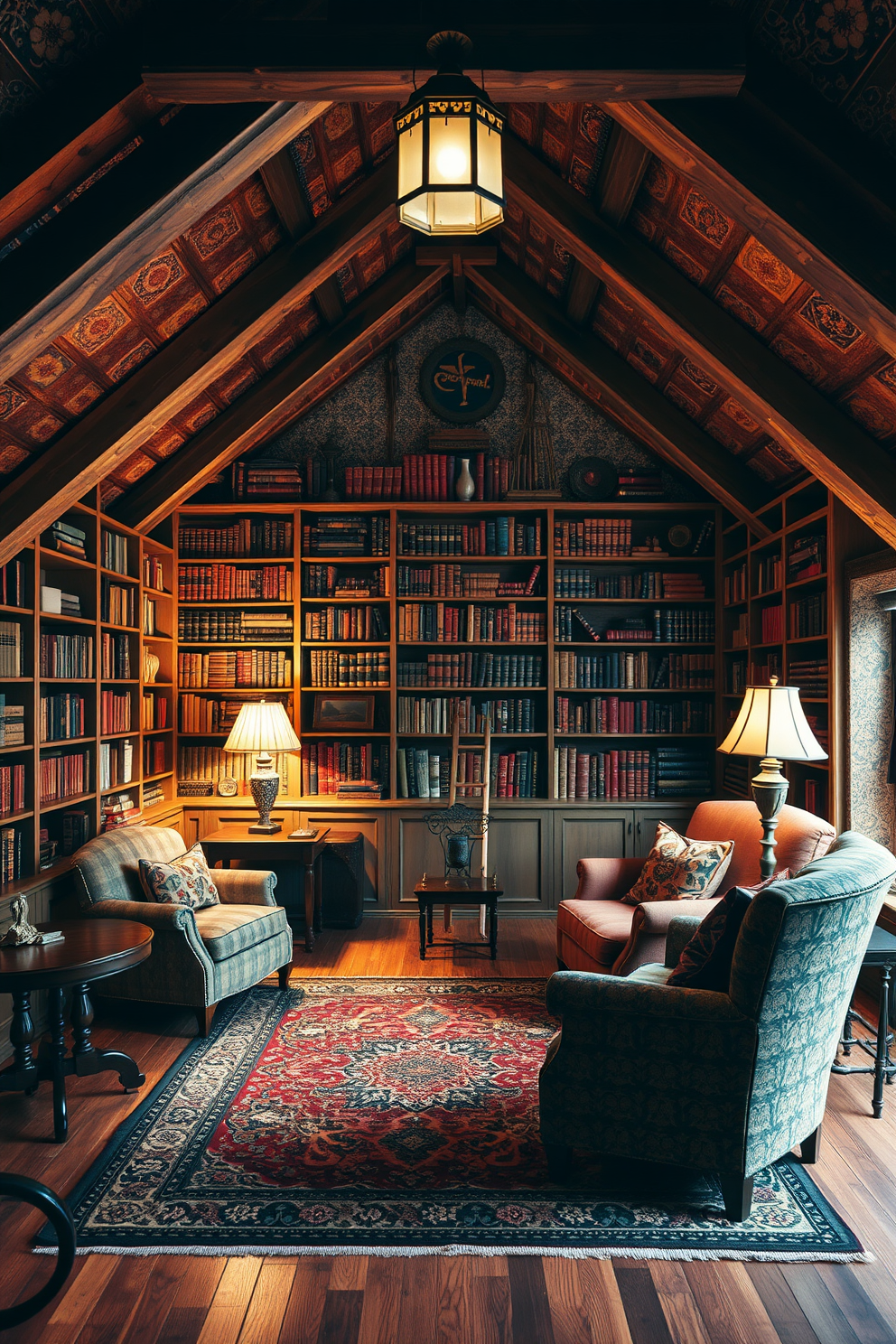 A vintage-inspired attic library with wooden shelves that stretch from floor to ceiling, filled with an eclectic collection of books and decorative artifacts. Cozy reading nooks are created by plush armchairs upholstered in rich, textured fabrics, illuminated by warm, ambient lighting from antique-style lamps. The walls are adorned with vintage wallpaper featuring intricate patterns, while exposed wooden beams add character to the space. A large, ornate area rug anchors the room, and a small wooden ladder leans against the shelves, inviting exploration of the literary treasures above.