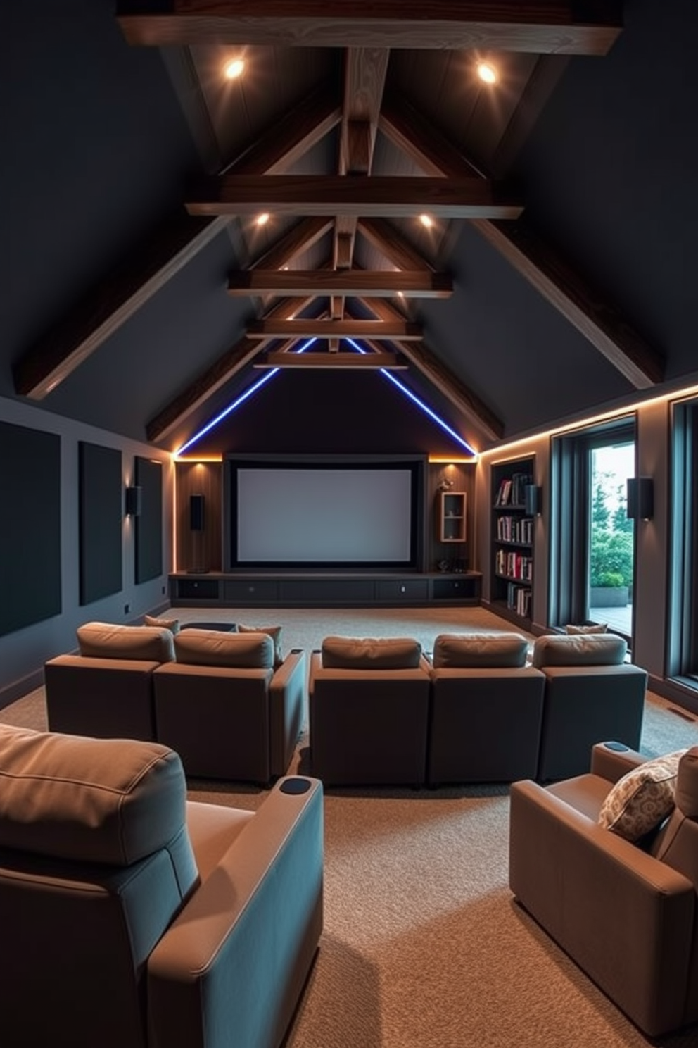 A luxurious home theater featuring plush seating options arranged in a staggered layout for optimal viewing. The walls are adorned with dark acoustic panels, and a large screen is mounted at the front, complemented by ambient LED lighting. An inviting attic conversion designed as a cozy retreat, showcasing exposed wooden beams and a soft color palette. The space includes a comfortable reading nook with a plush armchair, surrounded by built-in bookshelves and large windows that let in natural light.