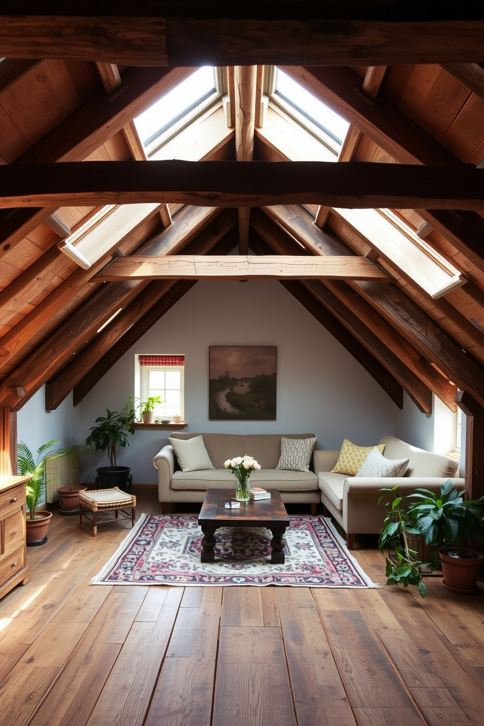 A rustic attic retreat featuring exposed wooden beams that create a warm and inviting atmosphere. The space is adorned with cozy furnishings, including a plush sofa and a wooden coffee table, all set against a backdrop of soft, neutral tones. Natural light floods the room through skylights, highlighting the rich textures of the reclaimed wood flooring. A vintage rug adds a touch of charm, while potted plants bring life to the corners of this serene attic escape.