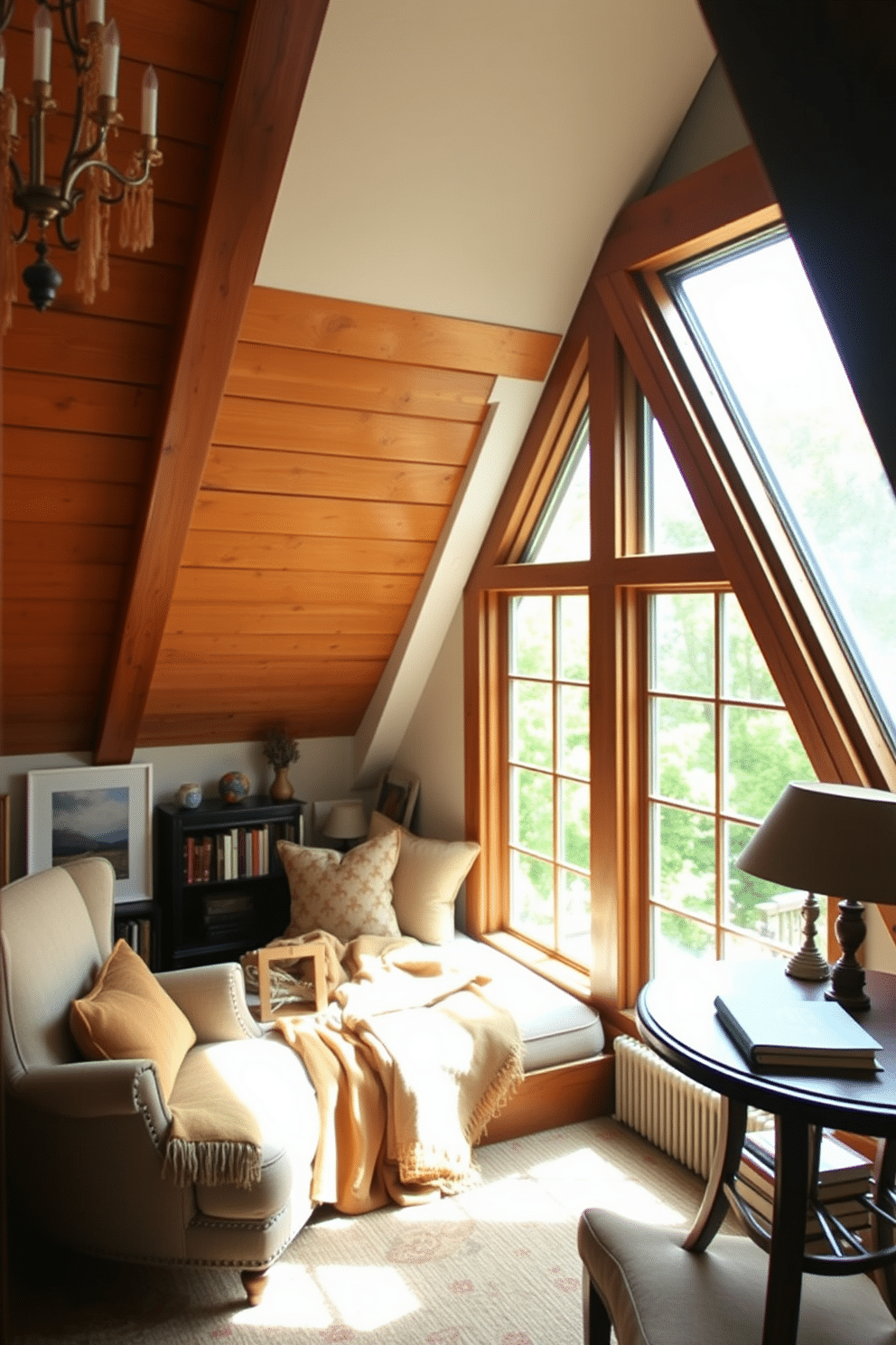 A cozy reading nook featuring a plush window seat adorned with soft cushions and a warm throw blanket. Natural light floods the space through large, inviting windows, creating a serene atmosphere perfect for curling up with a book. The attic design incorporates exposed wooden beams and a sloped ceiling, giving the space a rustic charm. A combination of vintage furniture and modern accents creates an eclectic yet harmonious environment, with a reading corner complete with a comfortable armchair and a small bookshelf.