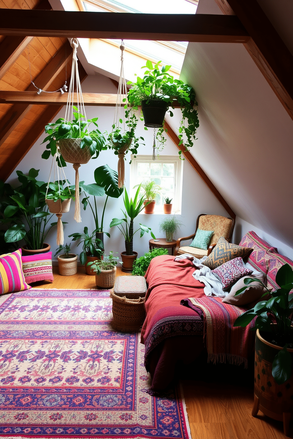 A cozy bohemian living space filled with vibrant textiles and lush plants. The room features a large, patterned area rug, colorful throw pillows scattered across a comfortable sofa, and hanging macramé planters overflowing with greenery. An inviting attic designed as a tranquil retreat. Exposed wooden beams frame the space, while a plush daybed with layered blankets sits beneath a skylight, surrounded by potted plants and a small reading nook with a vintage armchair.