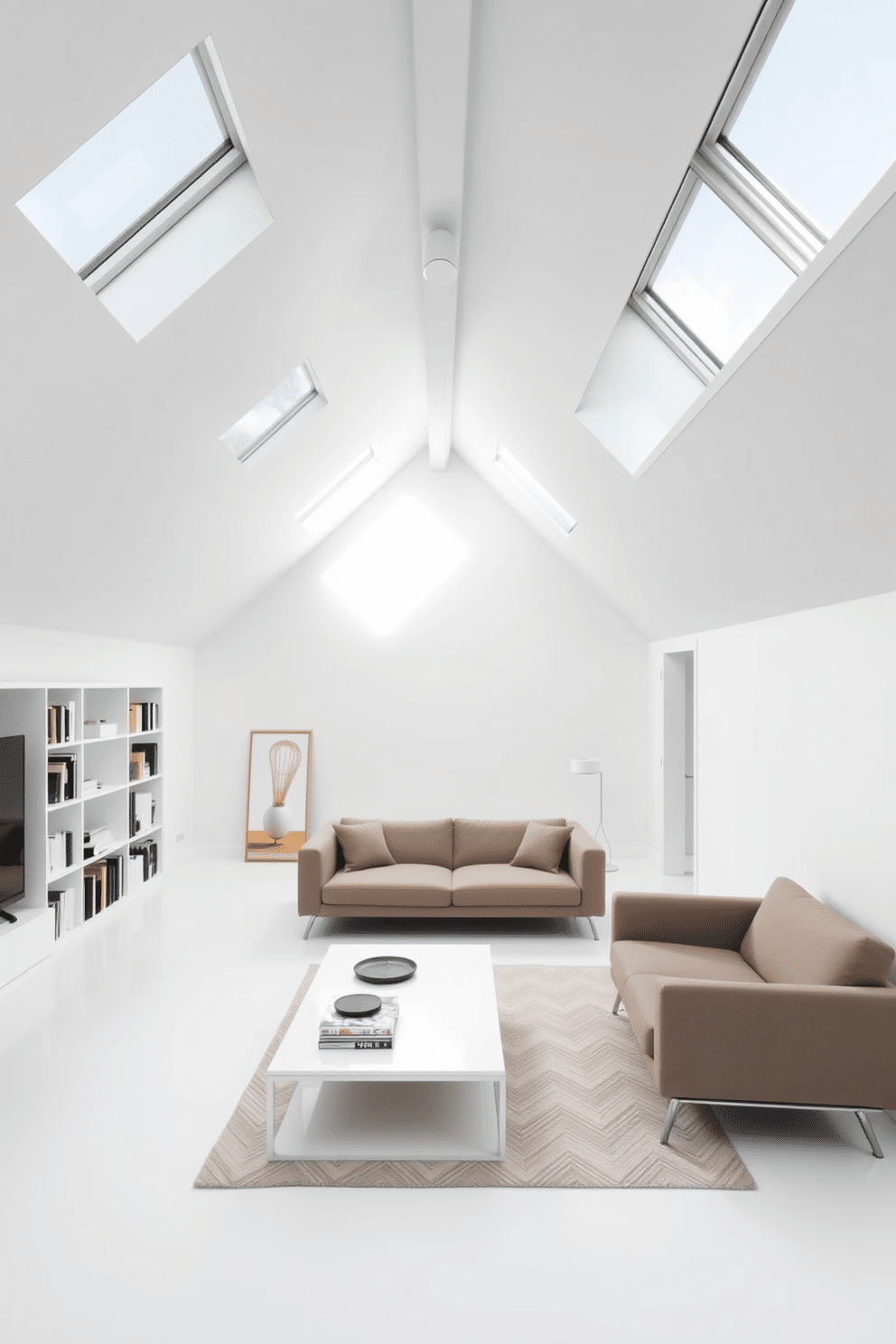 A minimalist attic space featuring clean lines and an open layout. The walls are painted in a soft white, and large skylights allow natural light to flood the room, highlighting the simplicity of the furnishings. In the center, a low-profile sofa in neutral tones faces a sleek, modern coffee table. To one side, a built-in bookshelf displays a curated selection of books and decorative items, enhancing the uncluttered aesthetic.